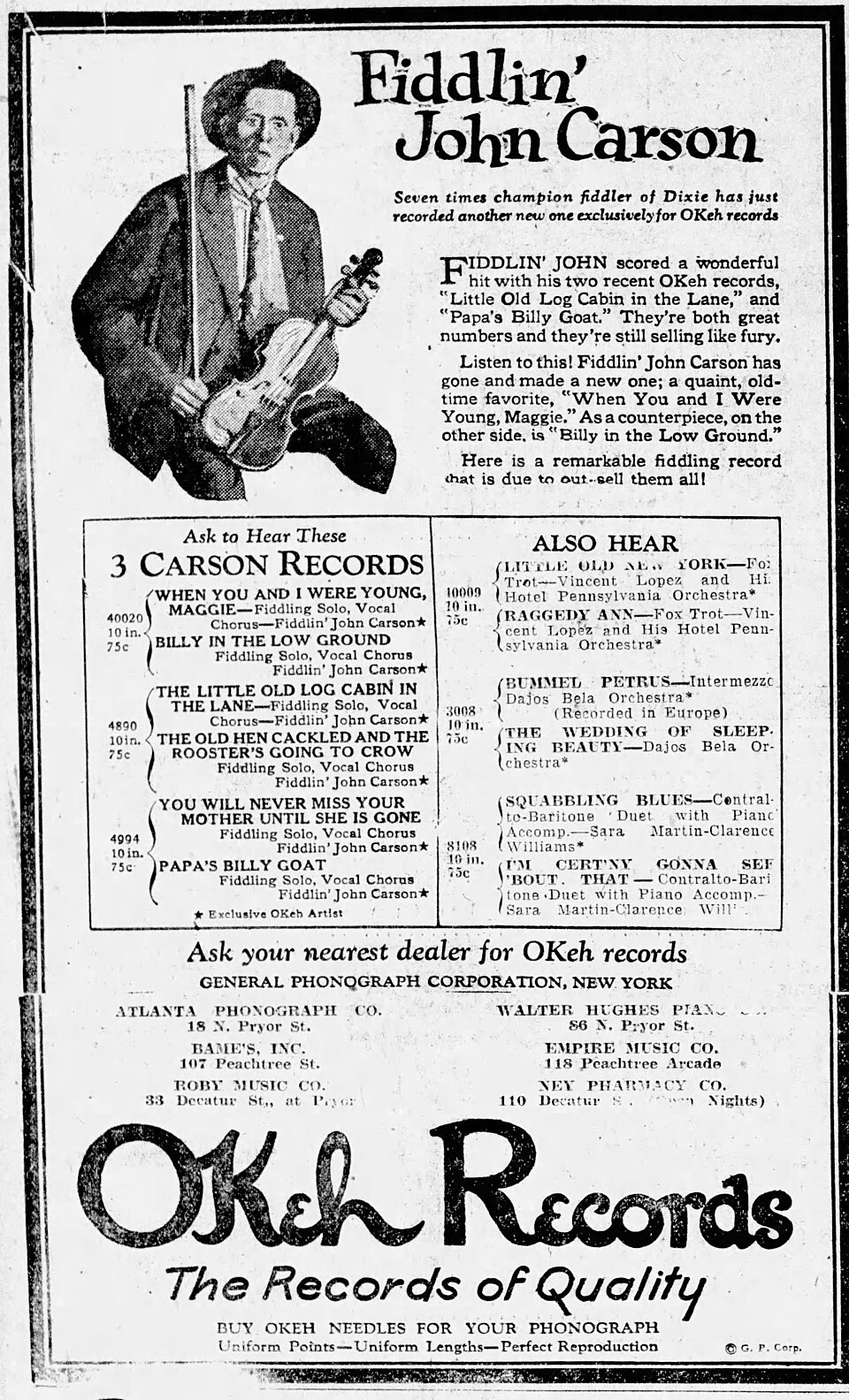 Okeh Records newspaper advertisement featuring Fiddlin' John Carson, 1924