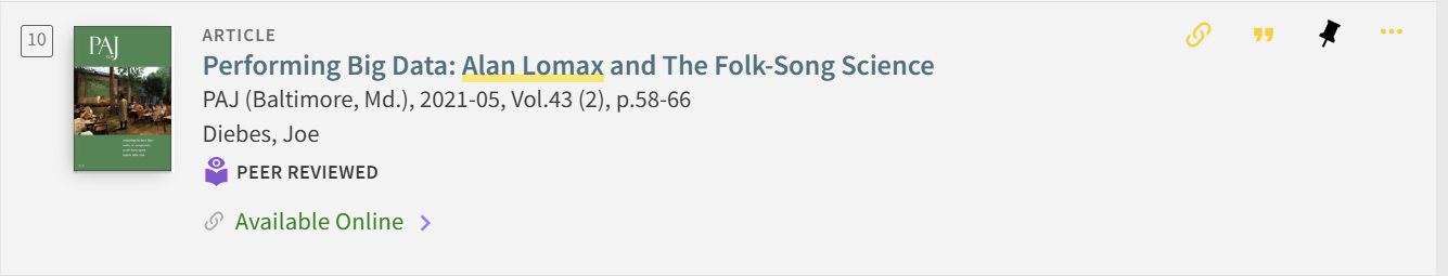 Screenshot of a library database showing a peer-reviewed banner on an article about Alan Lomax's music data projects